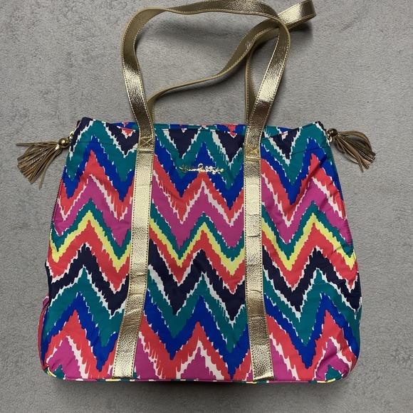 Lilly Pulitzer Handbags - Lilly‎ Pulitzer Tote Bag Multi Hearts A Flutter Gold Accents Tassel Expandable